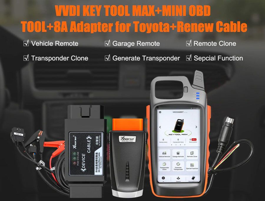 Xhorse VVDI Key Tool Max + MINI OBD Tool + Toyota 8A All Keys Lost Adapter + Renew Cable