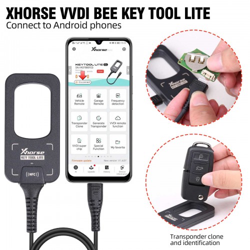 2024 Xhorse VVDI BEE Key Tool Lite Frequency Detection Transponder Clone Work on Android Phone Type C Port Get Free 6pcs XKB501EN Remotes