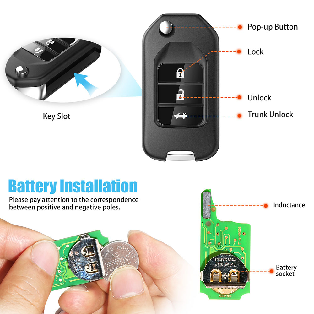 XHORSE Wireless Remote Key Fob 3 Buttons for Honda