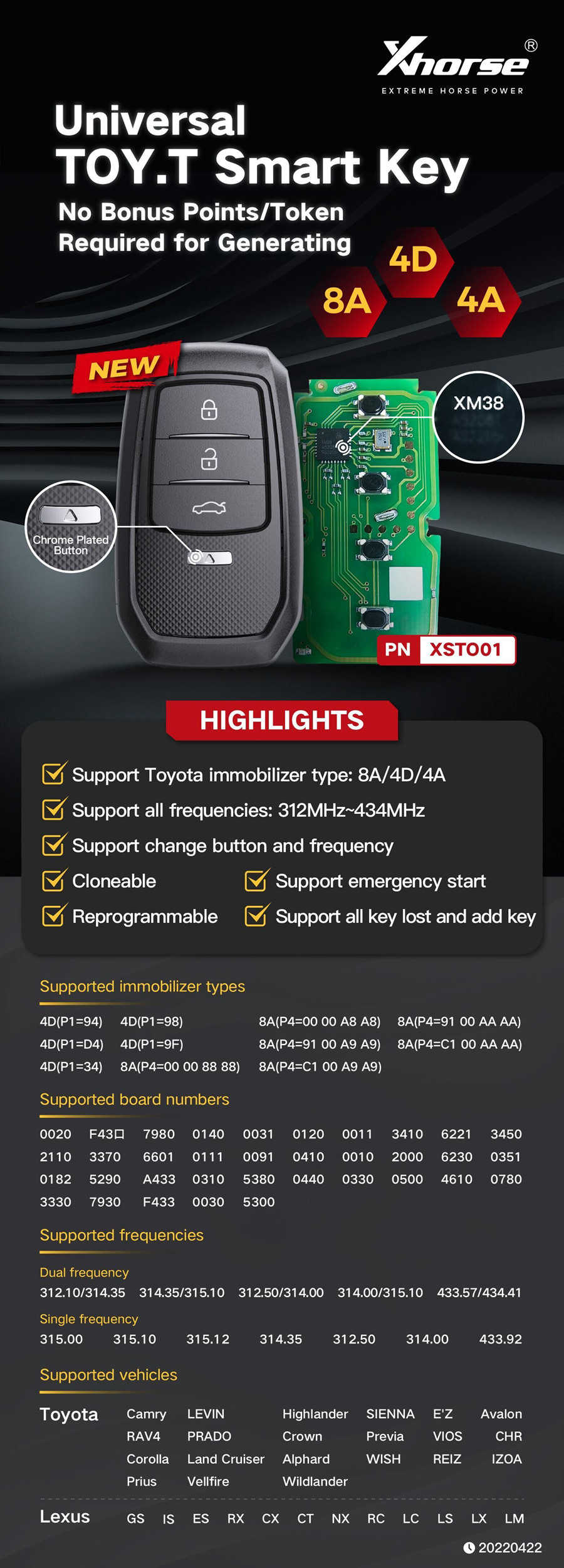 Xhorse XSTO01EN TOY.T Smart Key for Toyota XM38 with Key Shell 